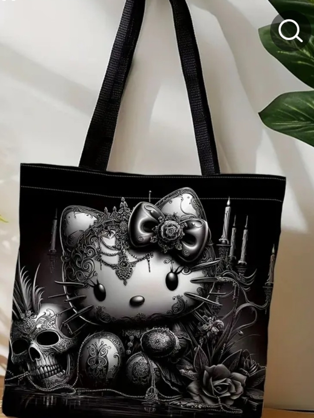 Black Gothic Hello Kitty Tote Bag with Decorative Bow